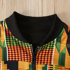 A children's bohemian-style jacket featuring a vibrant geometric pattern and a black zipper.