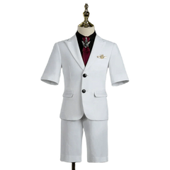 A white short-sleeved suit for boys featuring a black shirt, maroon tie, and gold pin.