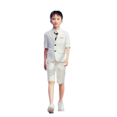 Children's Business Suit Summer Short - Sleeved Boy's Small Suit Birthday Flower Children's Dress Host Costume for Piano Performance White - SHOWLU FASHION STORE
