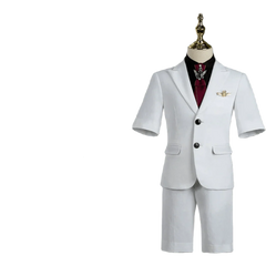 A white short-sleeved children's suit with a black shirt and a maroon tie on a mannequin.