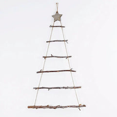 A wall-hanging Christmas tree made of six horizontal wooden branches tied together with twine.