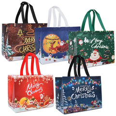 Five reusable non-woven Christmas gift bags featuring various festive holiday designs.