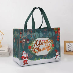 A festive non-woven Christmas gift bag featuring Santa Claus, a snowman, and Merry Christmas text.