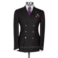 A dark grey double-breasted slim fit suit jacket with a peak lapel, worn with a purple patterned tie.