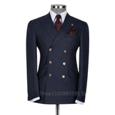 A navy blue double-breasted slim fit suit jacket with peak lapels and gold buttons.