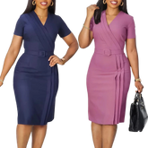 Two women model short-sleeve, knee-length bodycon dresses with a wrap V-neck and belted waist.