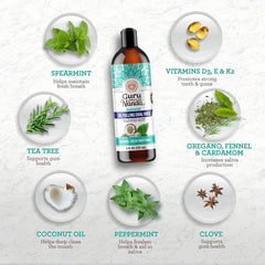 A bottle of GuruNanda coconut oil pulling rinse surrounded by images of its natural ingredients.