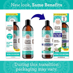 Two bottles of GuruNanda coconut and mint pulling oil shown with their respective packaging boxes.