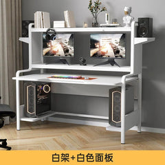 A white computer desk with an integrated bookshelf and side platforms for PC towers.