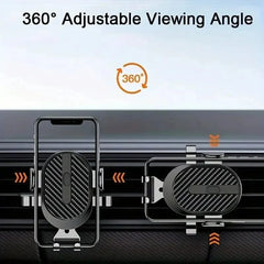 A car phone holder mounted on an air vent, shown in both vertical and horizontal orientations.