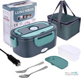 A portable electric lunch box with a carrying bag, power cord, and stainless steel utensils.