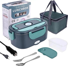 A teal and grey electric lunch box with a carrying bag, power cords, and utensils.