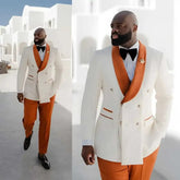 A man wears a white double-breasted blazer with an orange shawl lapel and matching orange pants.