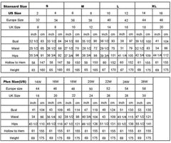 A size chart table for standard and plus size clothing with measurements in inches and centimeters.