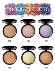 Six compacts of pressed powder highlighter in various metallic and shimmer shades.