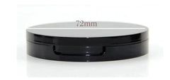A round black makeup compact with a 72mm diameter.
