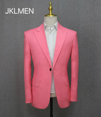 A slim-fit, single-breasted pink blazer for men displayed on a mannequin.