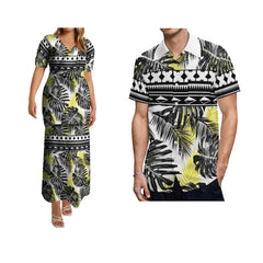 A woman in a long Polynesian print dress and a man in a matching short-sleeve shirt.