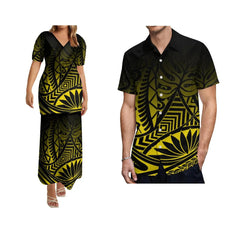A woman in a Polynesian-print dress and a man in a matching shirt with a yellow and black pattern.