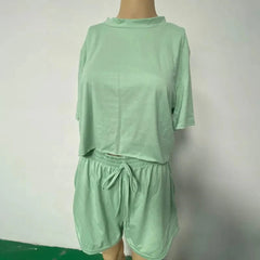 Crew neck Pullover Women Summer Short Sleeve Short Top Shorts Casual Two - piece Suit - SHOWLU FASHION STORE