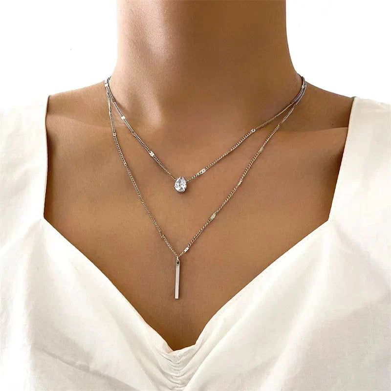 Crystal Zircon Heart Star Charm Layered Pendant Necklace Set for Women Charms Fashion Square Rhinestone Female Vintage Jewelry - SHOWLU FASHION STORE