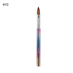 A professional Kolinsky acrylic nail brush with a colorful metallic handle.