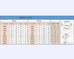 A size chart table for men's suits showing jacket and pants measurements by size.
