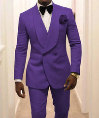A man wears a purple double-breasted suit with a shawl lapel, white shirt, and black bow tie.