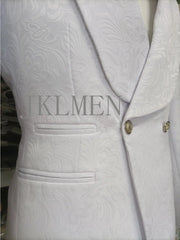A white patterned men's tuxedo jacket featuring a shawl lapel and gold buttons.