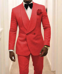 A man wears a red two-piece suit with a shawl lapel, black bow tie, and white dress shirt.