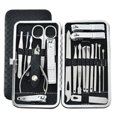 A stainless steel manicure and pedicure tool set in a black carrying case.