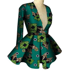 A long-sleeved, V-neck peplum top featuring a green and brown geometric African print pattern.