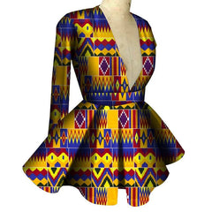 A long-sleeved peplum top with a deep V-neckline featuring a vibrant, multicolored African print.