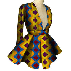 A long-sleeved, V-neck peplum top featuring a vibrant, geometric African-inspired print.