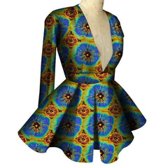 A long-sleeved peplum top with a deep V-neckline featuring a vibrant blue and yellow floral print.