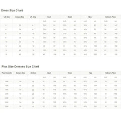 A dress size chart showing measurements in inches and centimeters for standard and plus sizes.
