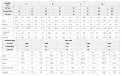 A size chart table for women's evening dresses listing measurements in inches and centimeters.