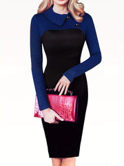 A woman wears a slim-fit black pencil dress with blue houndstooth long sleeves and button detail.