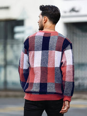 Men'S Casual Plaid Sweater - Cozy Crew Neck Pullover with Brown, Beige, Black & White Checkered Pattern, Loose Fit, Warm for Fall & Winter, Everyday Comfort, Sweater Vest