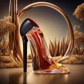 A stiletto-shaped perfume bottle with a red-to-clear gradient sits against a golden circular frame.