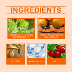 An infographic showing the ingredients of Hoygi face wash including tea tree oil, papaya, and arbutin.