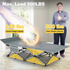 A portable folding camping cot with a grey fabric surface and a yellow metal frame.