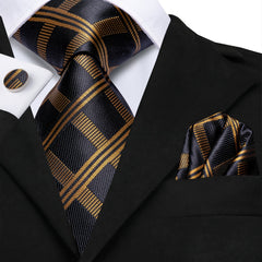 Men'S Stylish Striped Tie Set with Pocket Square & Cufflinks - Black & Golden, Polyester, Non-Stretch Fabric, Perfect for Formal Events, Formal Event Attire|Striped Tie Set|Polyester Fabric