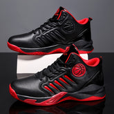 A pair of black and red mid-top basketball shoes with a basketball emblem on the side.