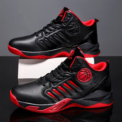 A pair of black and red mid-top basketball shoes with a basketball emblem on the side.
