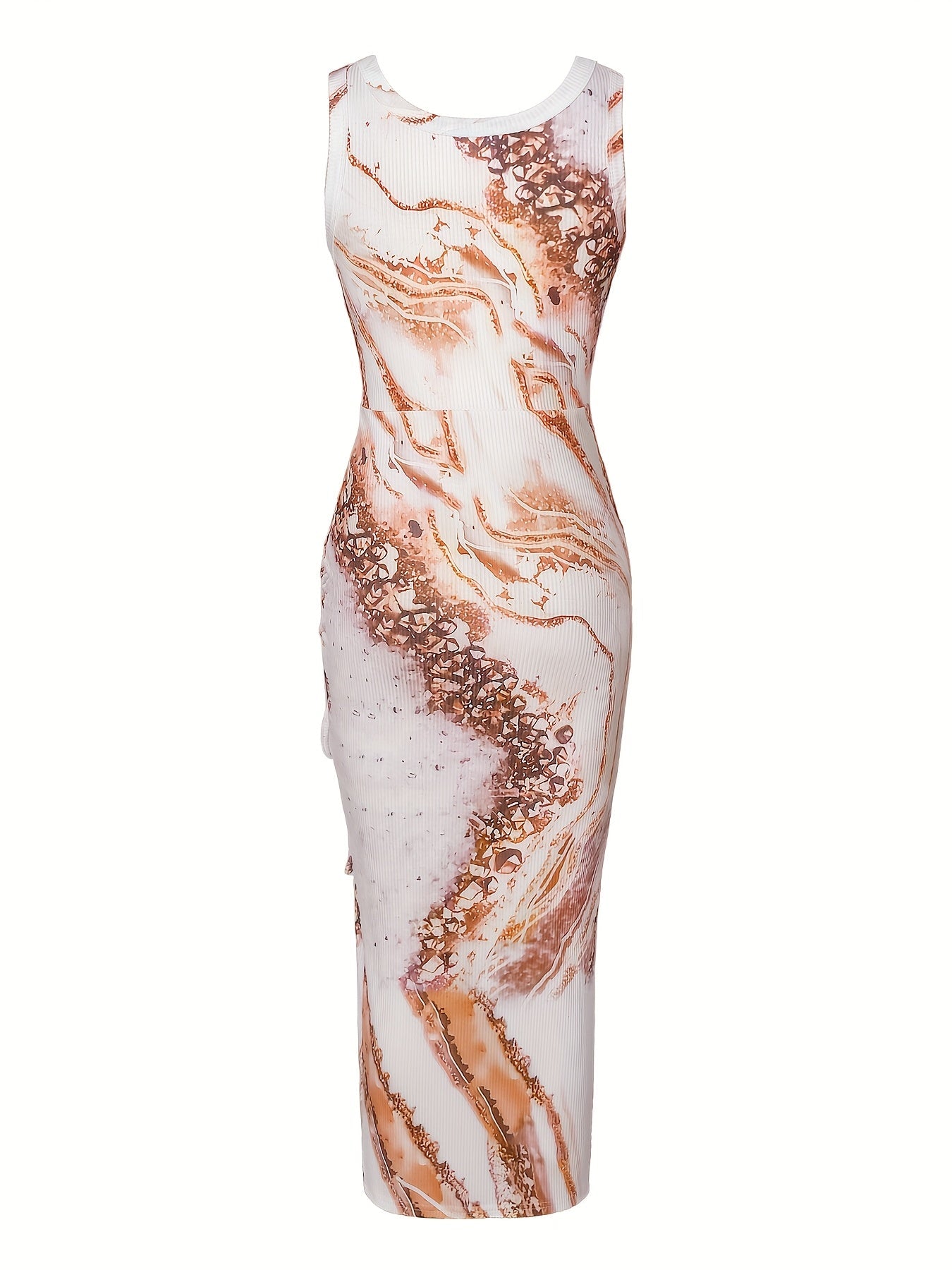 A sleeveless midi dress in a white and gold marble print with a ribbed texture.