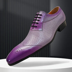 A purple leather wing-tip oxford dress shoe with a woven texture and black lace-up closure.