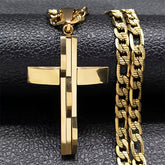 A gold-plated stainless steel layered cross pendant hangs from a matching curb chain.