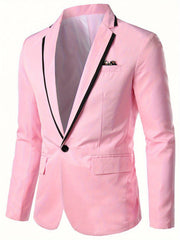 A light pink men's casual blazer featuring a black lapel trim and a single button closure.