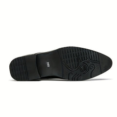 The underside of a black dress shoe features a textured sole with a patterned grip and a size 250.